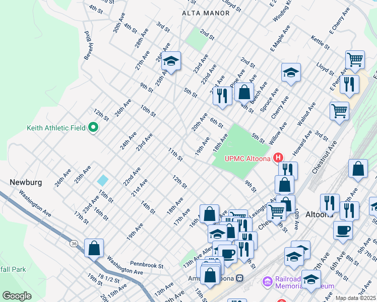 map of restaurants, bars, coffee shops, grocery stores, and more near 1004 20th Avenue in Altoona