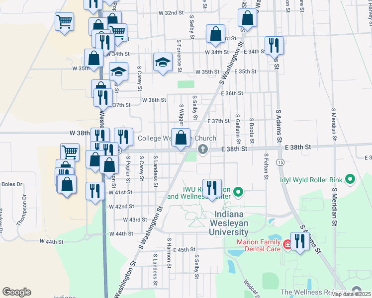 map of restaurants, bars, coffee shops, grocery stores, and more near 3812 S Washington St in Marion