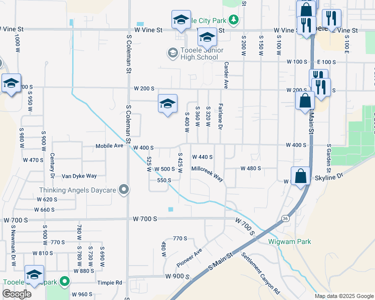 map of restaurants, bars, coffee shops, grocery stores, and more near 420 South 380 West in Tooele