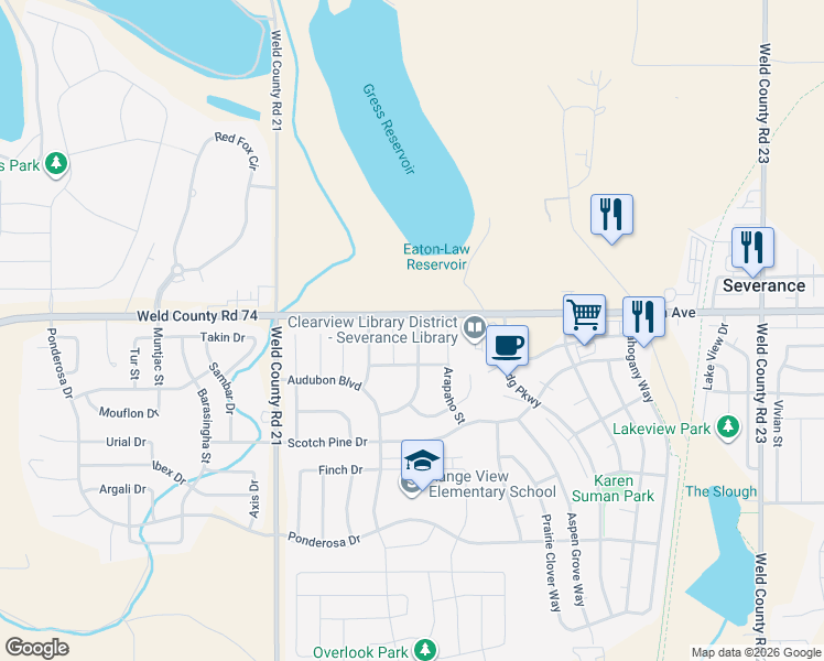 map of restaurants, bars, coffee shops, grocery stores, and more near 89 Summit View Road in Severance