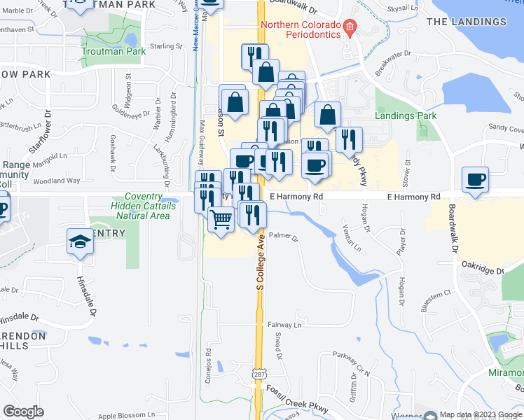 map of restaurants, bars, coffee shops, grocery stores, and more near 4600 South College Avenue in Fort Collins