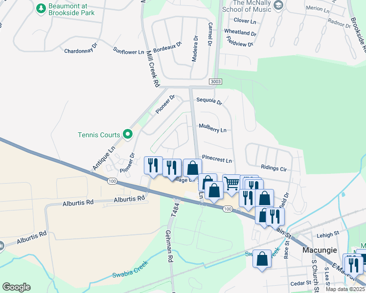 map of restaurants, bars, coffee shops, grocery stores, and more near 2877 Donegal Drive in Macungie