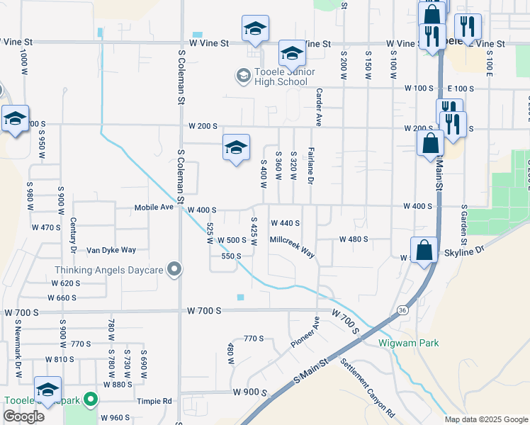 map of restaurants, bars, coffee shops, grocery stores, and more near 420 South 380 West in Tooele