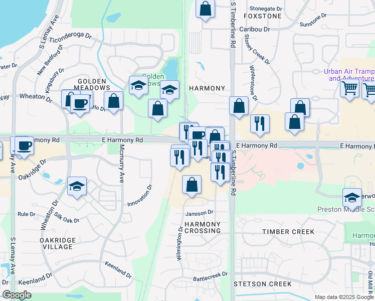 map of restaurants, bars, coffee shops, grocery stores, and more near 1833 E Harmony Rd in Fort Collins