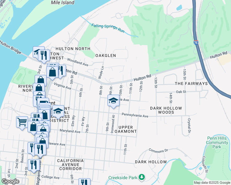 map of restaurants, bars, coffee shops, grocery stores, and more near in Oakmont
