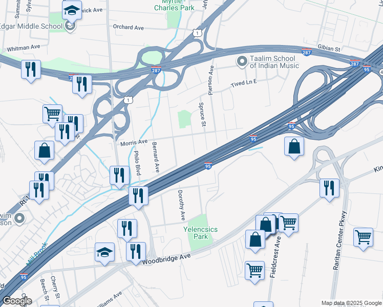 map of restaurants, bars, coffee shops, grocery stores, and more near 97 Howard Avenue in Edison