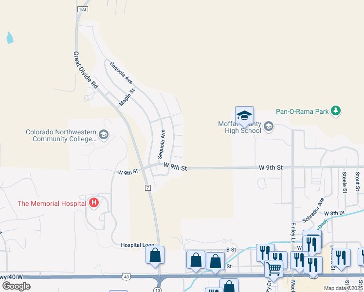 map of restaurants, bars, coffee shops, grocery stores, and more near 2100 Birch Pl in Craig