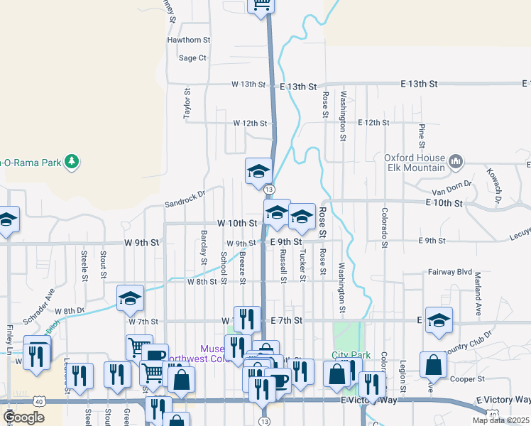 map of restaurants, bars, coffee shops, grocery stores, and more near 1099 Yampa Avenue in Craig