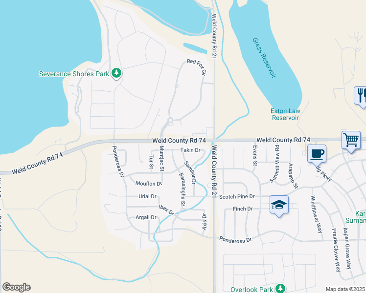 map of restaurants, bars, coffee shops, grocery stores, and more near 800 Sambar Drive in Severance