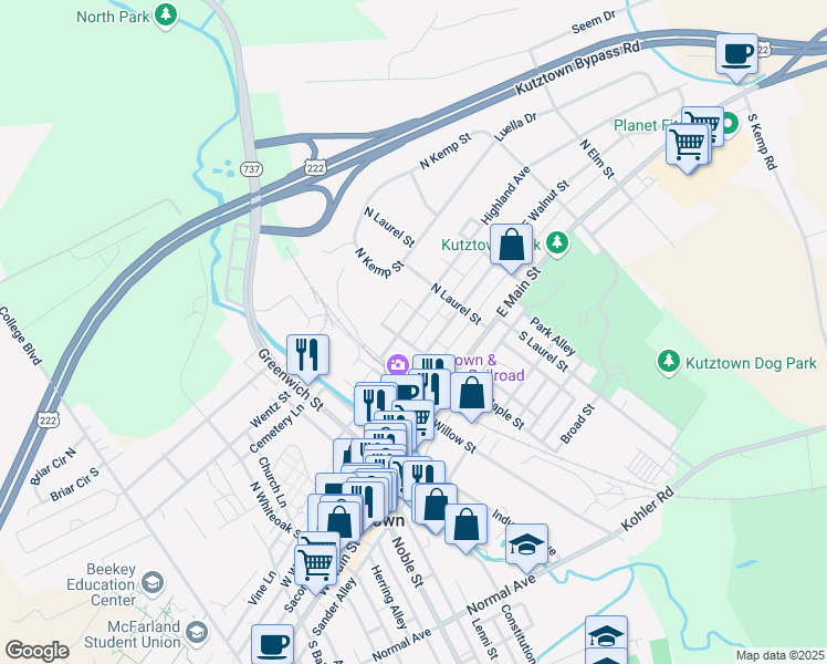 map of restaurants, bars, coffee shops, grocery stores, and more near 111 North Maple Street in Kutztown