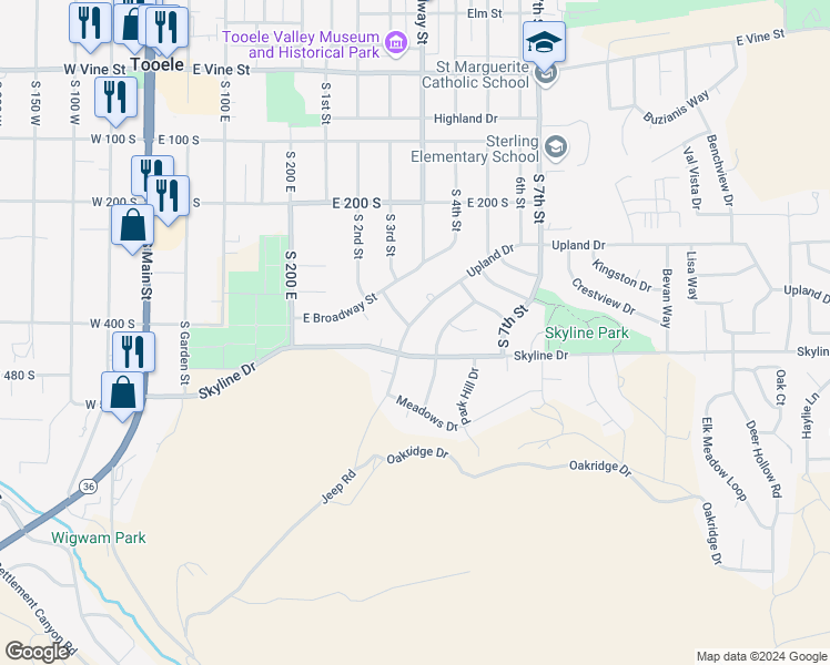 map of restaurants, bars, coffee shops, grocery stores, and more near 274 Upland Drive in Tooele