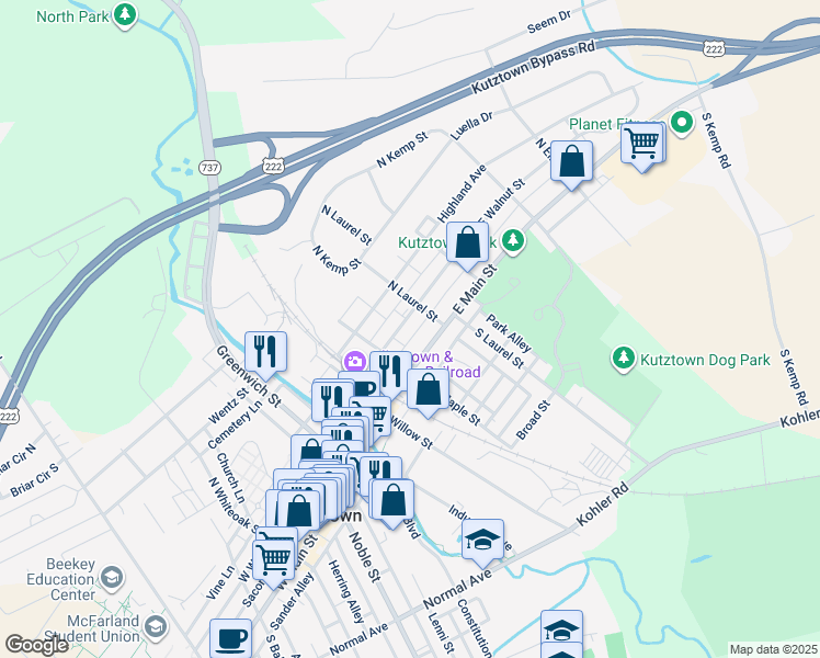 map of restaurants, bars, coffee shops, grocery stores, and more near 240 East Walnut Street in Kutztown