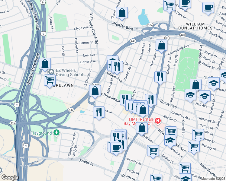 map of restaurants, bars, coffee shops, grocery stores, and more near 541 Colgate Avenue in Perth Amboy