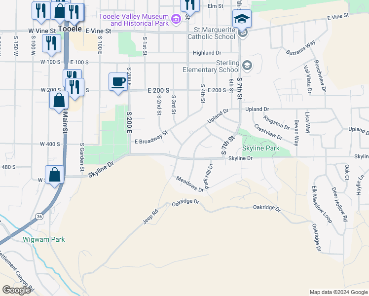 map of restaurants, bars, coffee shops, grocery stores, and more near 274 Upland Drive in Tooele