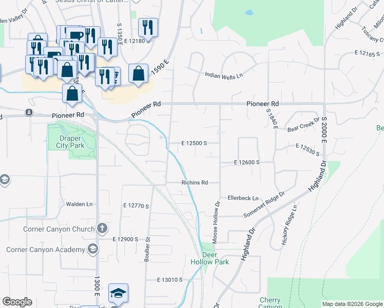map of restaurants, bars, coffee shops, grocery stores, and more near 1638 East 12500 South in Draper