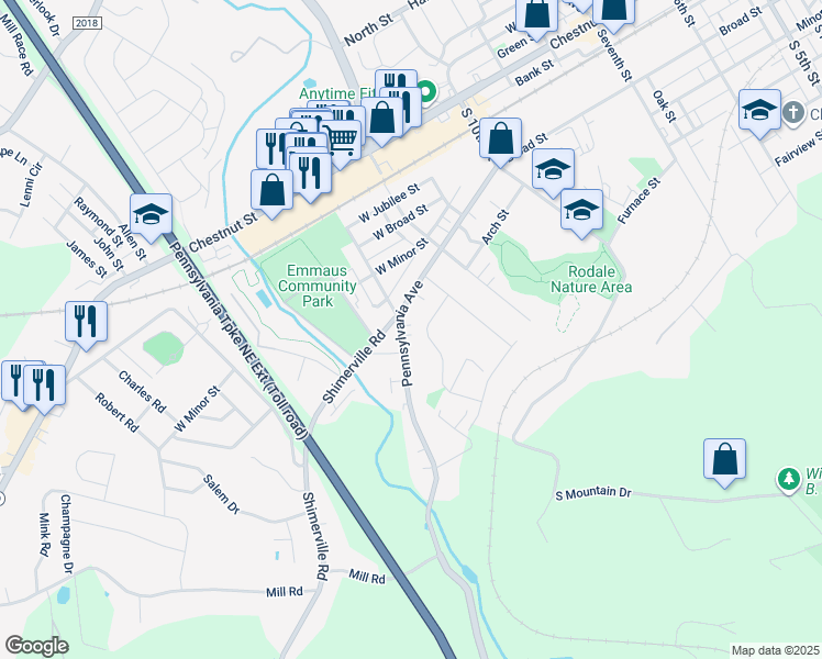 map of restaurants, bars, coffee shops, grocery stores, and more near 1305 Arch Street in Emmaus