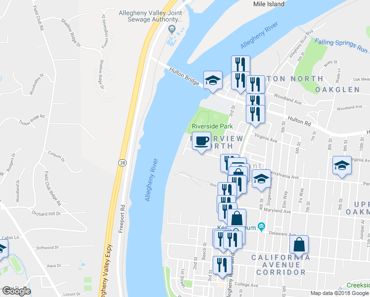 map of restaurants, bars, coffee shops, grocery stores, and more near 0 Pennsylvania Avenue in Oakmont