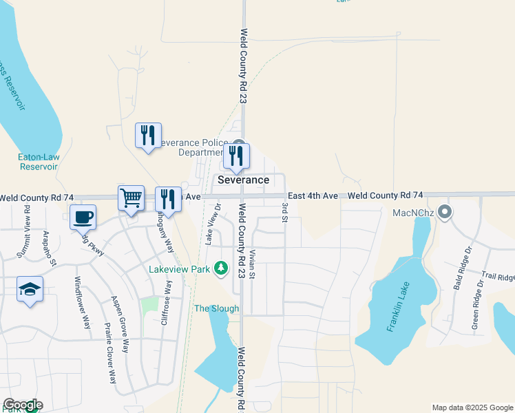 map of restaurants, bars, coffee shops, grocery stores, and more near in Severance