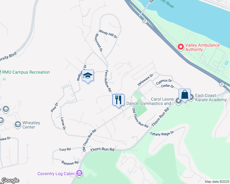 map of restaurants, bars, coffee shops, grocery stores, and more near 306 Serendipity Drive in Coraopolis