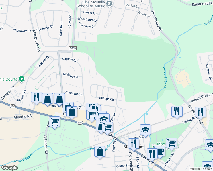 map of restaurants, bars, coffee shops, grocery stores, and more near 265 Ridings Circle in Macungie