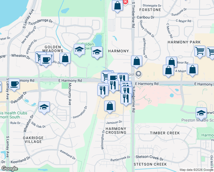 map of restaurants, bars, coffee shops, grocery stores, and more near 1833 E Harmony Rd in Fort Collins