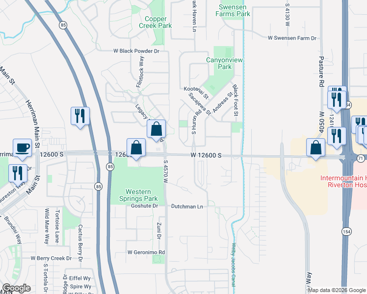 map of restaurants, bars, coffee shops, grocery stores, and more near 4525 West 12600 South in Herriman
