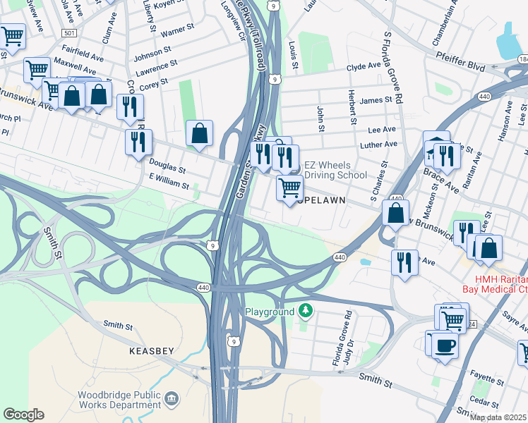 map of restaurants, bars, coffee shops, grocery stores, and more near 175 Quincy Court in Woodbridge Township