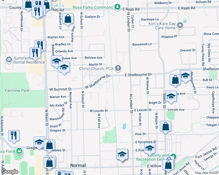map of restaurants, bars, coffee shops, grocery stores, and more near 904 Charlotte Drive in Normal