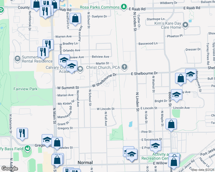 map of restaurants, bars, coffee shops, grocery stores, and more near 200 West Summit Street in Normal