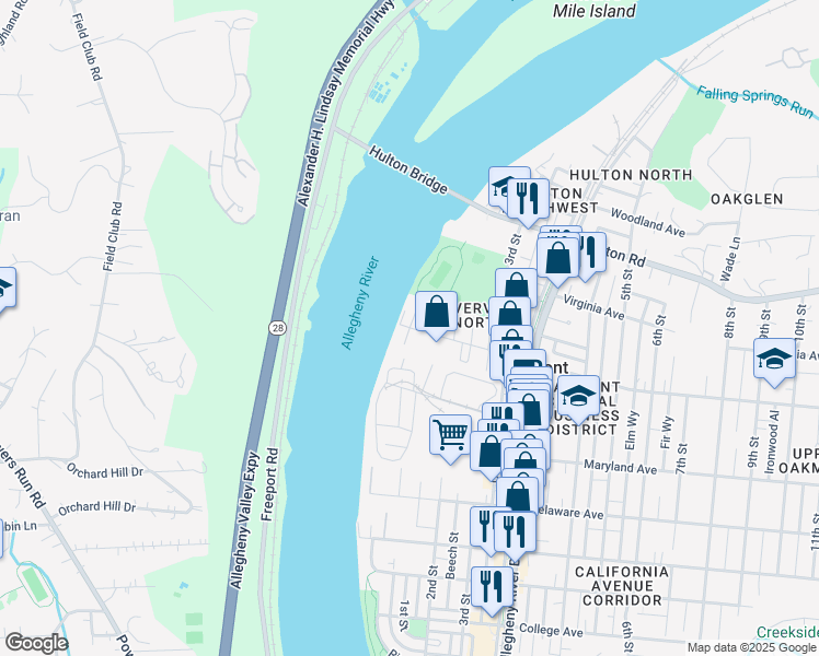 map of restaurants, bars, coffee shops, grocery stores, and more near 90 Pennsylvania Avenue in Oakmont