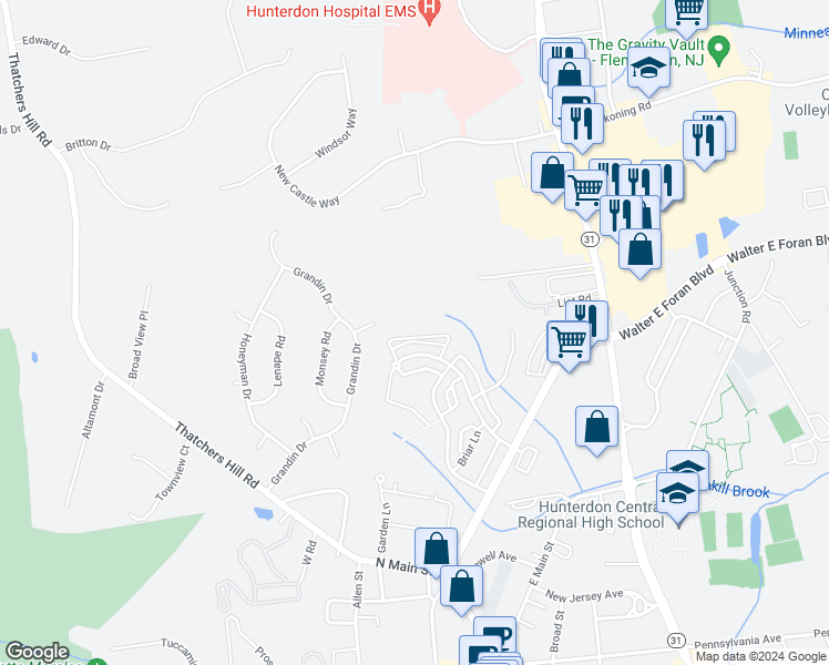 map of restaurants, bars, coffee shops, grocery stores, and more near 21 Haddenford Drive in Flemington
