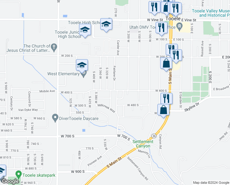map of restaurants, bars, coffee shops, grocery stores, and more near 408 Pioneer Avenue in Tooele