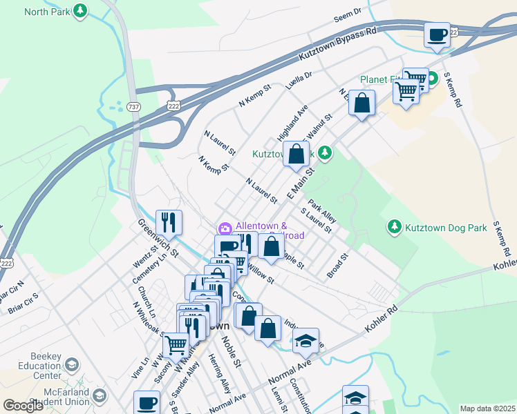 map of restaurants, bars, coffee shops, grocery stores, and more near 240 East Walnut Street in Kutztown