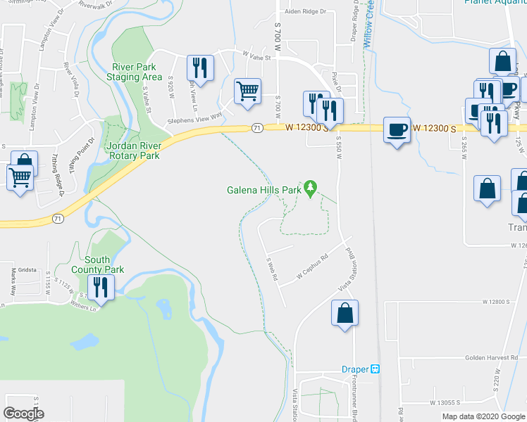 map of restaurants, bars, coffee shops, grocery stores, and more near 722 West Webb Circle in Draper