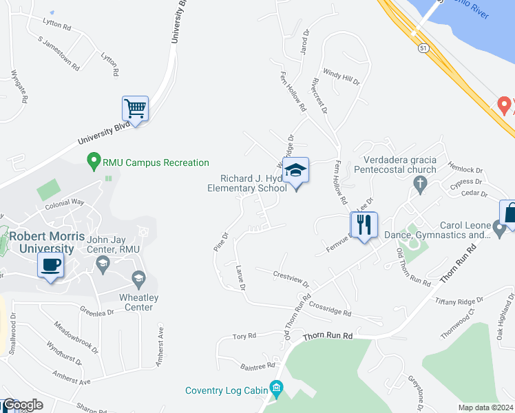 map of restaurants, bars, coffee shops, grocery stores, and more near 210 Laura Lee Drive in Coraopolis