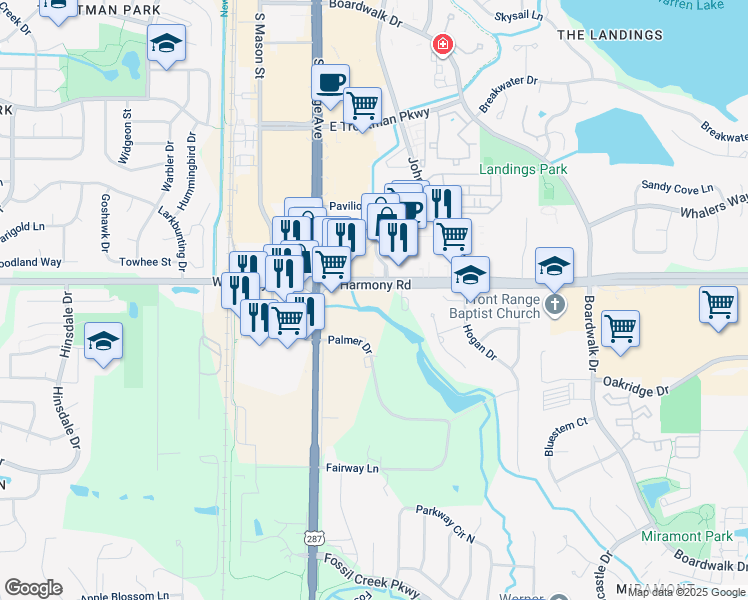 map of restaurants, bars, coffee shops, grocery stores, and more near 100 Palmer Drive in Fort Collins