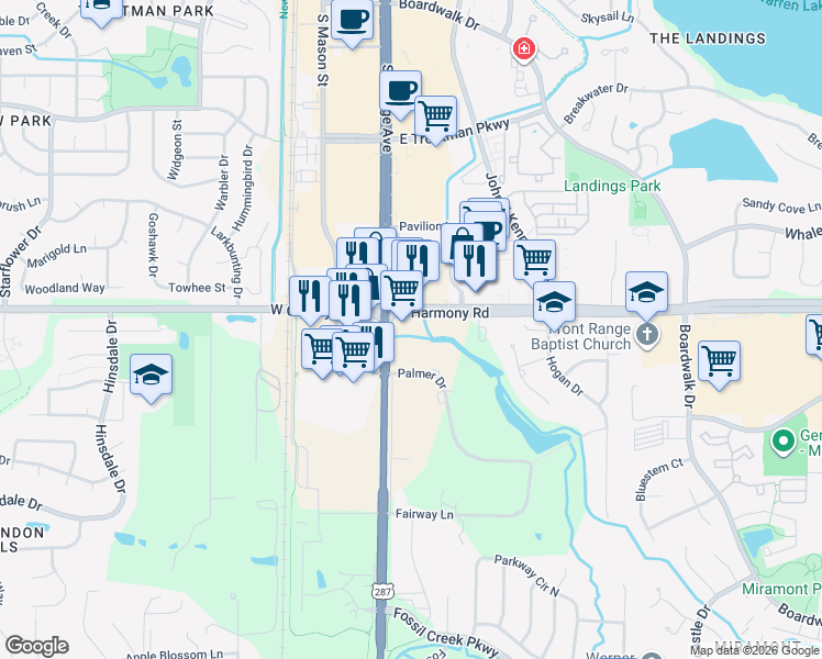 map of restaurants, bars, coffee shops, grocery stores, and more near 4600-4698 S College Ave in Fort Collins