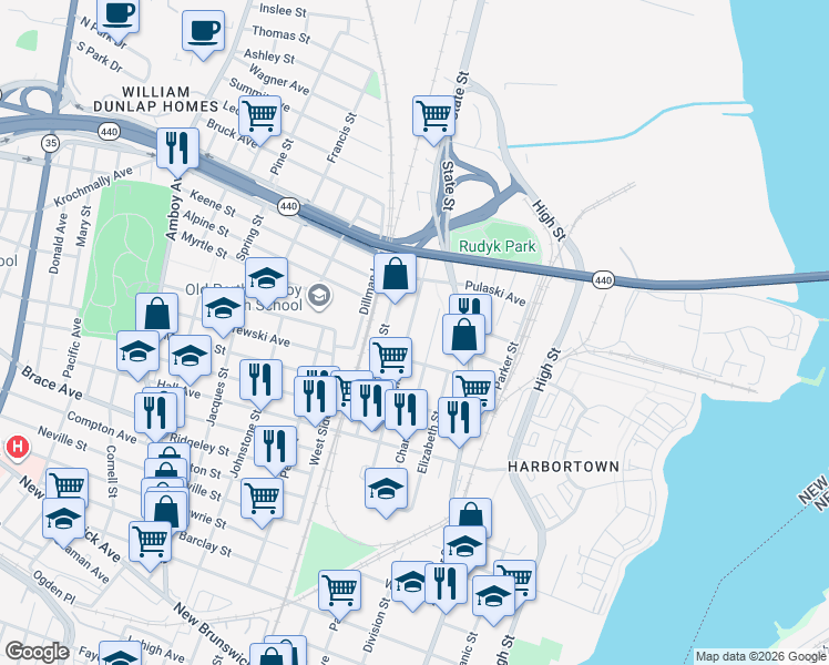 map of restaurants, bars, coffee shops, grocery stores, and more near 709 Cortlandt Street in Perth Amboy