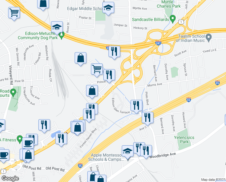 map of restaurants, bars, coffee shops, grocery stores, and more near 100 Edison Glen Terrace in Edison