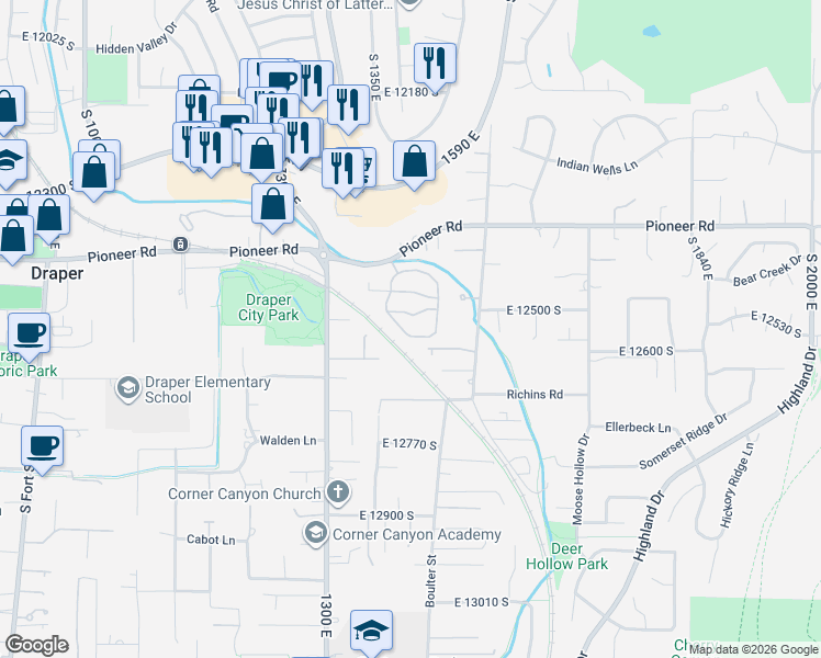 map of restaurants, bars, coffee shops, grocery stores, and more near 12584 Blacksmith Lane in Draper