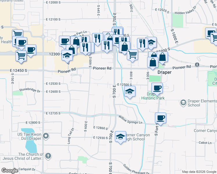 map of restaurants, bars, coffee shops, grocery stores, and more near 12615 South 700 East in Draper