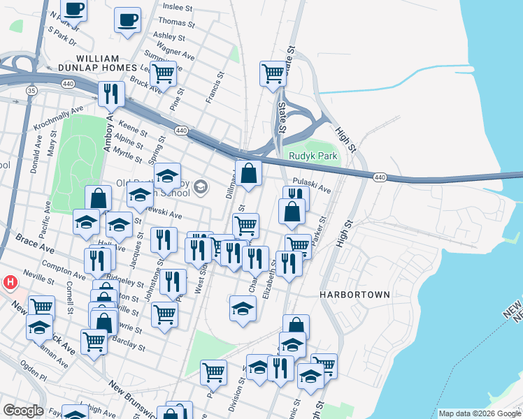 map of restaurants, bars, coffee shops, grocery stores, and more near 709 Cortlandt Street in Perth Amboy