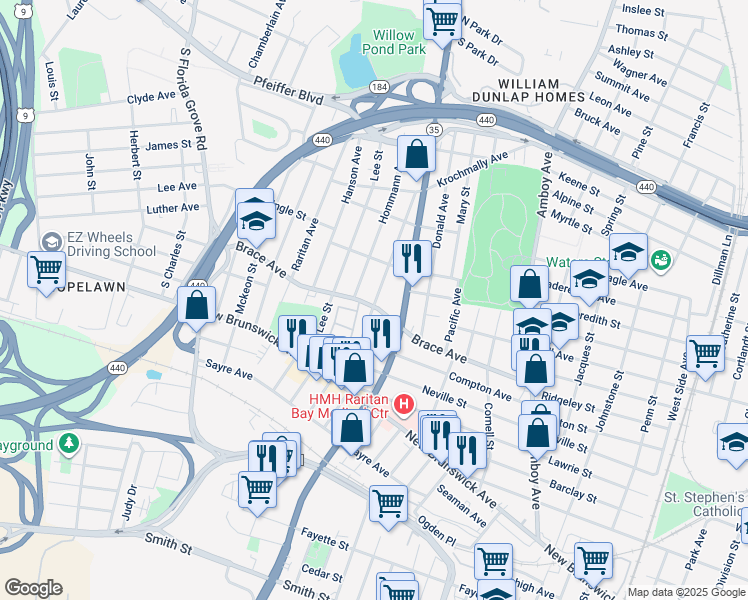 map of restaurants, bars, coffee shops, grocery stores, and more near in Perth Amboy