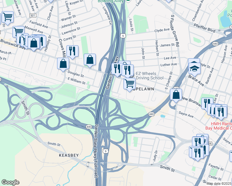 map of restaurants, bars, coffee shops, grocery stores, and more near 175 Quincy Court in Woodbridge Township