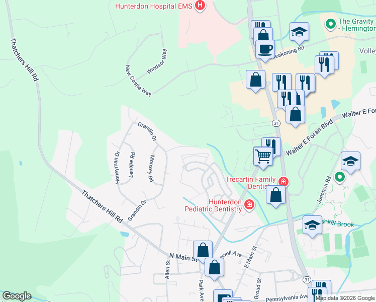map of restaurants, bars, coffee shops, grocery stores, and more near 21 Haddenford Drive in Flemington