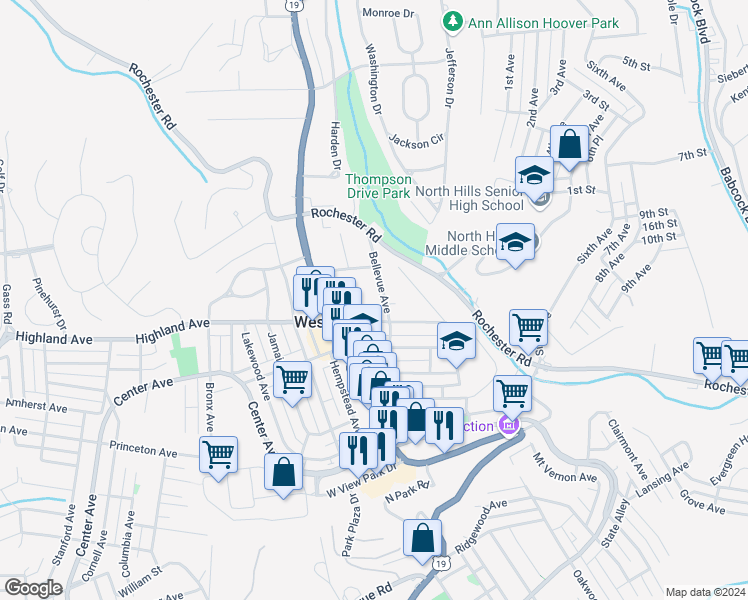 map of restaurants, bars, coffee shops, grocery stores, and more near 158 Highland Avenue in Pittsburgh