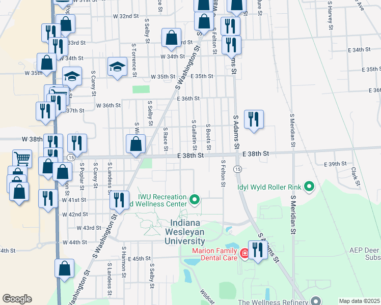 map of restaurants, bars, coffee shops, grocery stores, and more near 410 East 38th Street in Marion