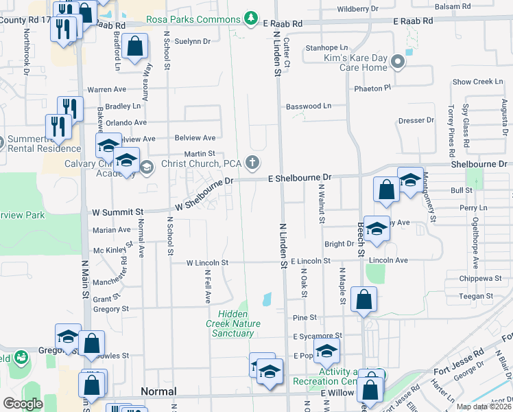 map of restaurants, bars, coffee shops, grocery stores, and more near 1200 Timber Ridge Court in Normal