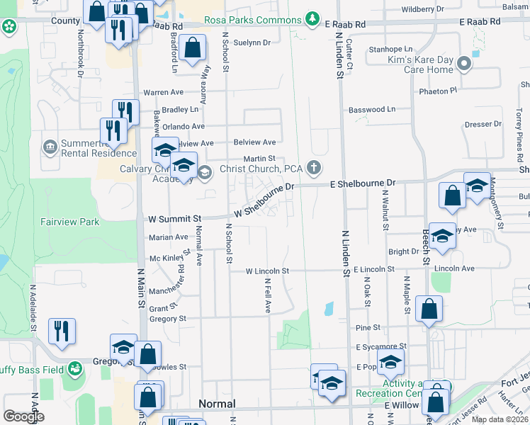 map of restaurants, bars, coffee shops, grocery stores, and more near 200 West Summit Street in Normal