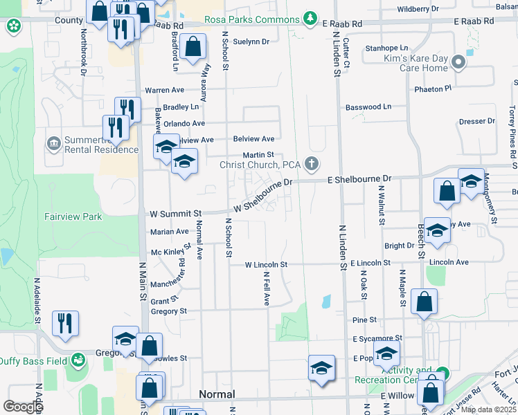 map of restaurants, bars, coffee shops, grocery stores, and more near 200 West Summit Street in Normal